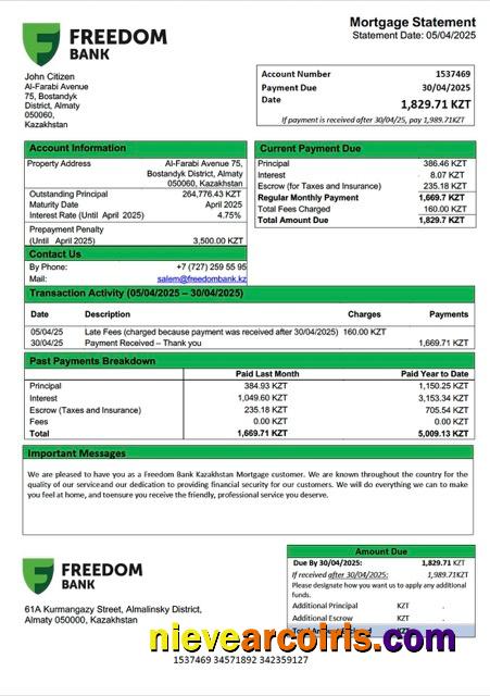 Kazakhstan Freedom Bank Kazakhstan mortgage statement Word and PDF template